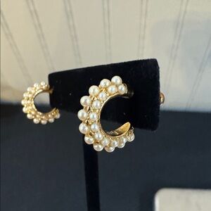 Richelieu Earrings Half Hoop Faux Pearl Gold Tone Vintage 80s Classic Pierced